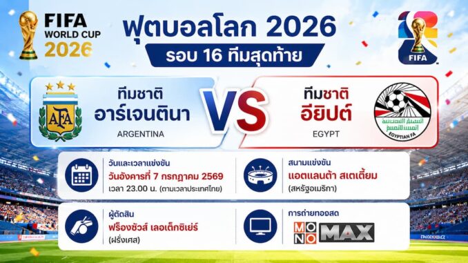 ดูบอลสด อาร์เจนตินา พบ อียิปต์ ฟุตบอลโลก 2026